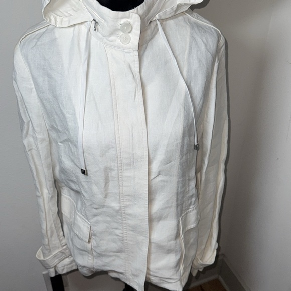 Talbots white Linen full front zipper utility high collar hiddenhoodie jacket 14 - Picture 4 of 13